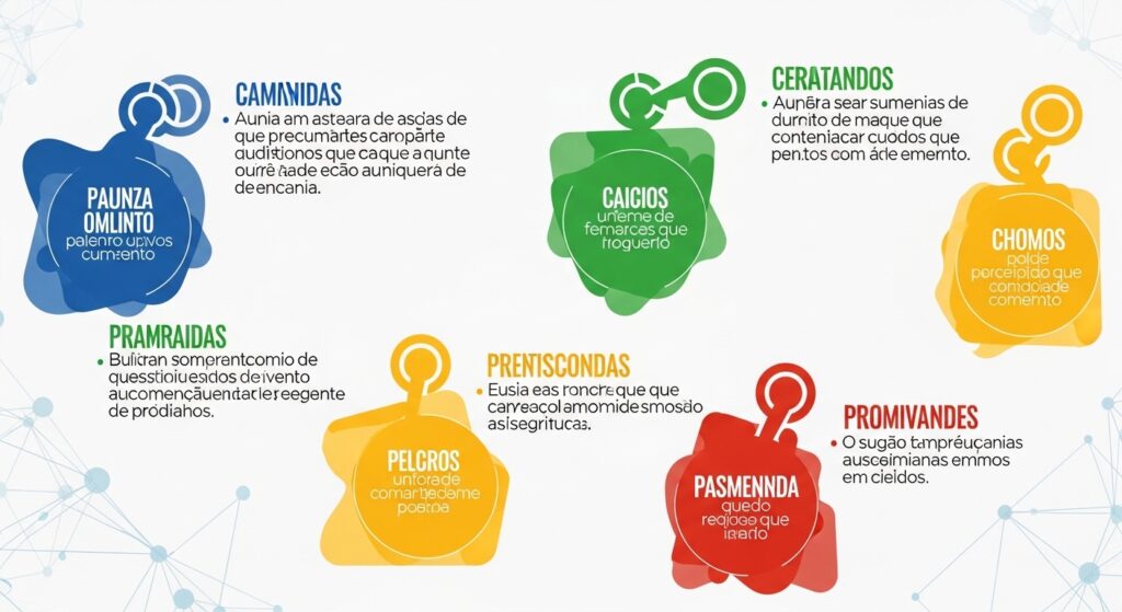 Seis ícones coloridos representando estratégias de marketing de conteúdo, cada um com uma descrição em texto.