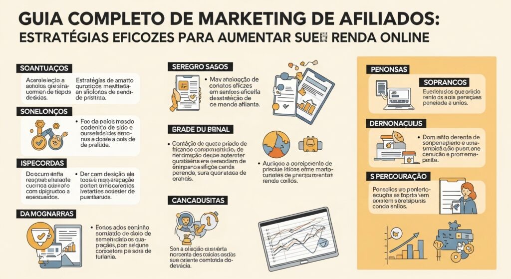 Imagem ilustrativa de um guia completo para marketing de afiliados, com várias seções e ícones representando estratégias eficazes.