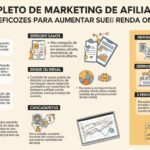 Imagem ilustrativa de um guia completo para marketing de afiliados, com várias seções e ícones representando estratégias eficazes.