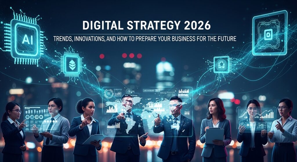 Grupo de profissionais discutindo estratégias digitais futuristas com hologramas e gráficos em um ambiente urbano iluminado à noite.