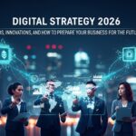 Grupo de profissionais discutindo estratégias digitais futuristas com hologramas e gráficos em um ambiente urbano iluminado à noite.