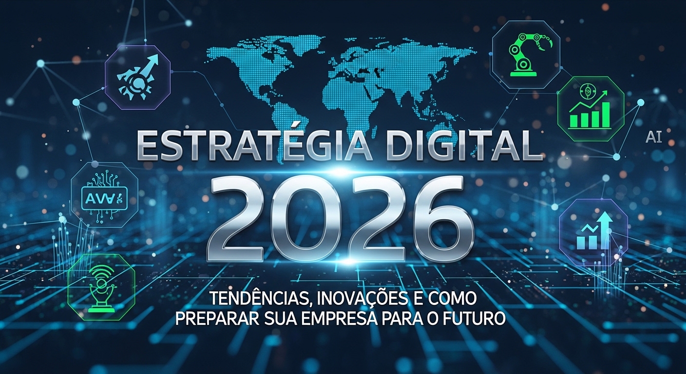Imagem representativa de uma estratégia digital com diversos ícones tecnológicos e um mapa-múndi estilizado ao fundo, com o texto 'Estratégia Digital 2026' em destaque.