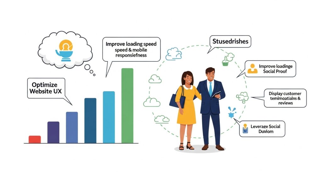 Como Aumentar a Conversão de Vendas: Estratégias Eficientes para Impulsionar Seus Resultados Gráfico de barras mostrando melhorias na conversão, com texto sobre otimização da experiência do usuário e estratégias eficazes.