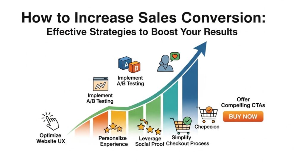 Como Aumentar a Taxa de Conversão de Vendas: Estratégias Práticas e Eficientes Gráfico mostrando estratégias eficazes para aumentar a taxa de conversão de vendas, incluindo otimização da experiência do site, testes A/B, personalização, prova social, simplificação do processo de checkout e CTAs atraentes.
