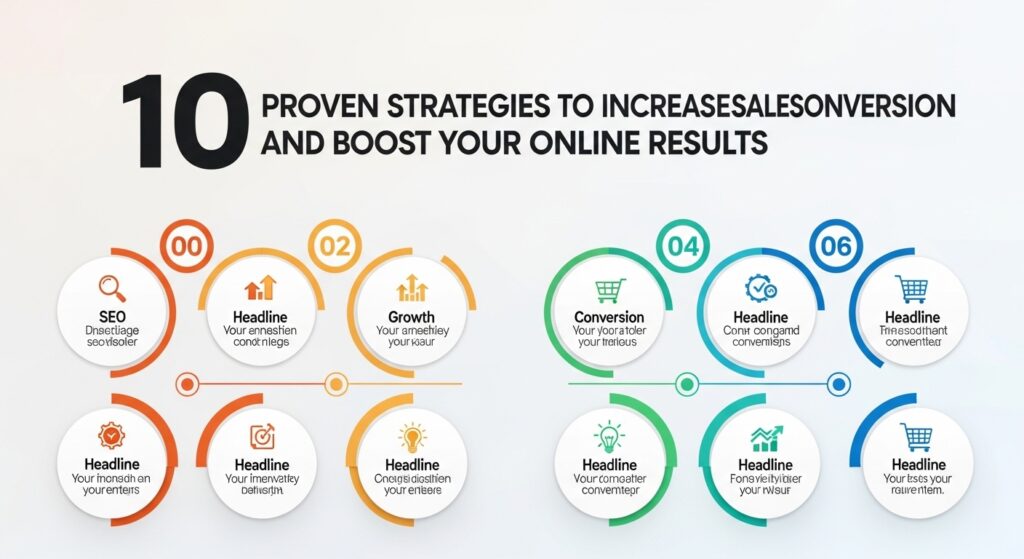10 Estratégias Comprovadas para Aumentar a Conversão de Vendas e Impulsionar Seus Resultados Online Infográfico com 10 estratégias comprovadas para aumentar a conversão de vendas e impulsionar resultados online. Cada estratégia é representada por um círculo com ícones e títulos.