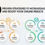 Infográfico com 10 estratégias comprovadas para aumentar a conversão de vendas e impulsionar resultados online. Cada estratégia é representada por um círculo com ícones e títulos.