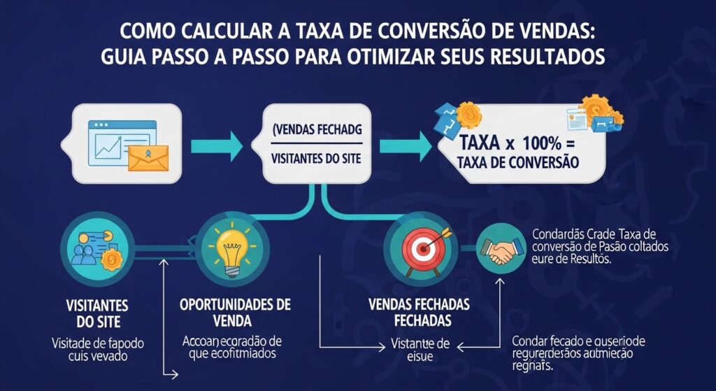 Infográfico explicativo sobre como calcular a taxa de conversão de vendas, mostrando etapas e elementos visuais como gráficos e ícones.
