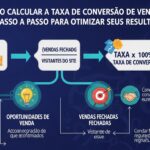 Infográfico explicativo sobre como calcular a taxa de conversão de vendas, mostrando etapas e elementos visuais como gráficos e ícones.