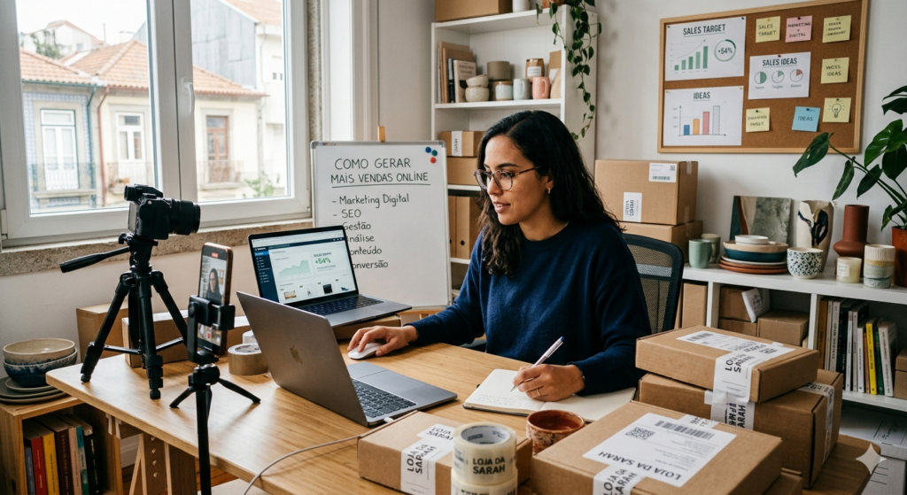 Mulher trabalhando em um escritório com caixa de produtos e laptop, escrevendo em um caderno.