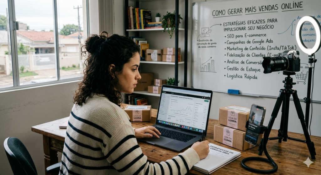 Uma mulher trabalhando em um laptop em uma mesa de madeira, com um quadro branco ao fundo contendo estratégias para vendas online, e uma câmera em um tripé.