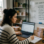 Uma mulher trabalhando em um laptop em uma mesa de madeira, com um quadro branco ao fundo contendo estratégias para vendas online, e uma câmera em um tripé.