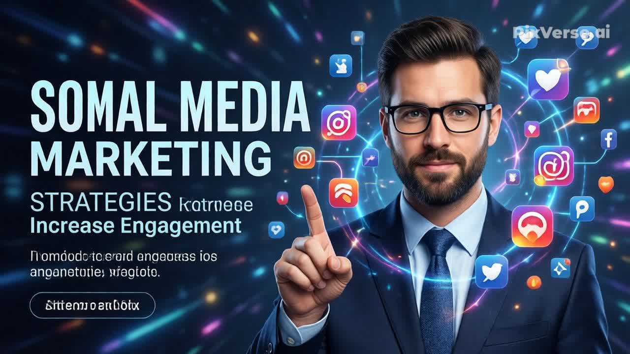 Um homem de terno e gravata com óculos, mostrando um gesto de contagem nos dedos. Ao fundo, ícones de redes sociais aparecem com um efeito de luz azul.