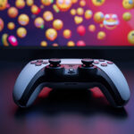 Controle DualSense do PlayStation 5 em fundo escuro com tela exibindo novos emojis coloridos no chat de mensagens