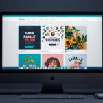 Tela de computador mostrando a interface do Canva com templates criativos e elementos de design em um ambiente de estúdio bem iluminado.