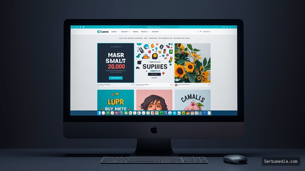Tela de computador mostrando a interface do Canva com templates criativos e elementos de design em um ambiente de estúdio bem iluminado.