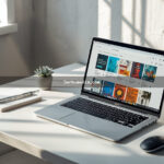 Notebook moderno exibindo a interface do Canva Designer sobre mesa branca minimalista com acessórios de trabalho