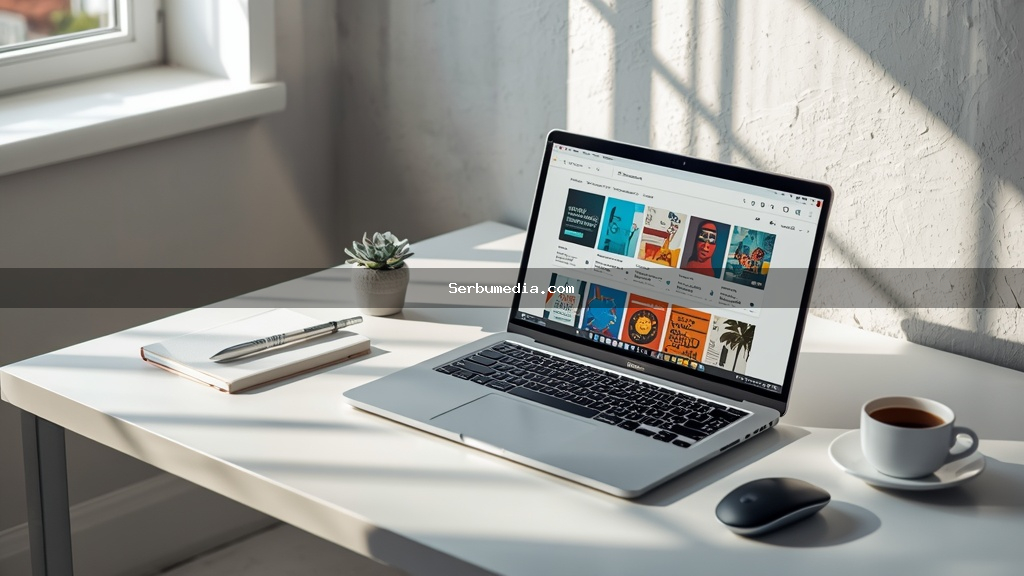 Notebook moderno exibindo a interface do Canva Designer sobre mesa branca minimalista com acessórios de trabalho