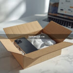 Caixa de papelão aberta com produtos físicos como smartphone, fones e camiseta prontos para envio em e-commerce