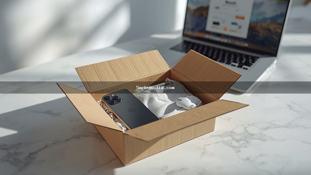 Caixa de papelão aberta com produtos físicos como smartphone, fones e camiseta prontos para envio em e-commerce