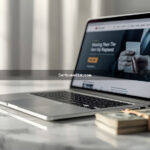 Notebook moderno exibindo um site na tela ao lado de placa 'For Sale' e dinheiro sobre mesa de mármore branco
