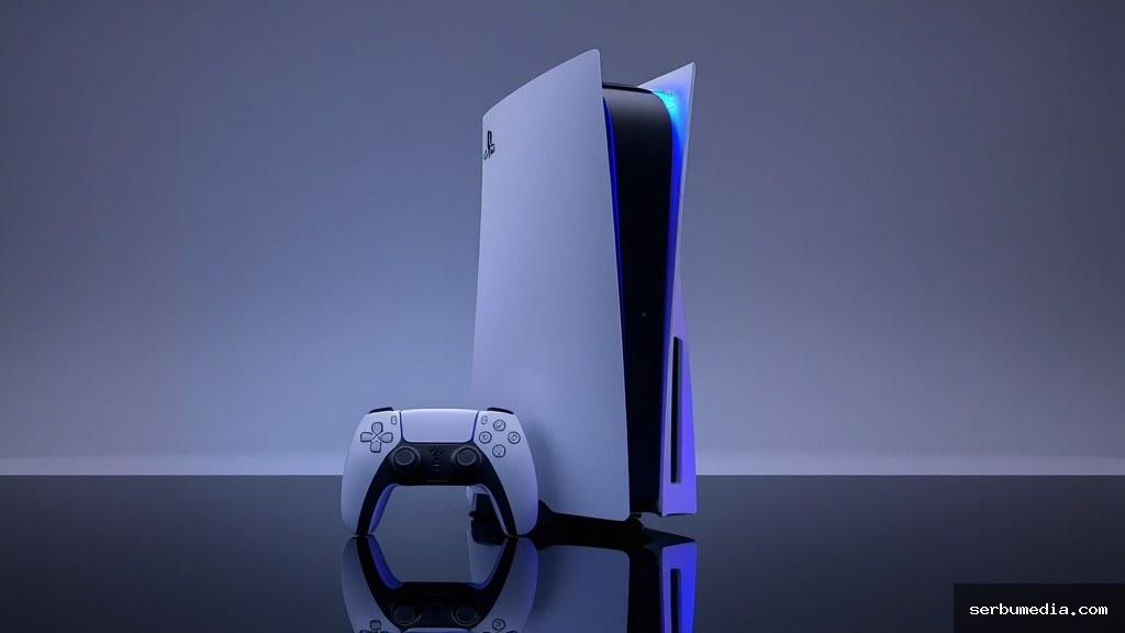 Console PlayStation 5 da Sony na vertical ao lado do controle DualSense em superfície escura com iluminação azul e roxa