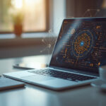 Mesa de trabalho moderna com laptop exibindo interface de inteligência artificial para criação de conteúdo de alta qualidade