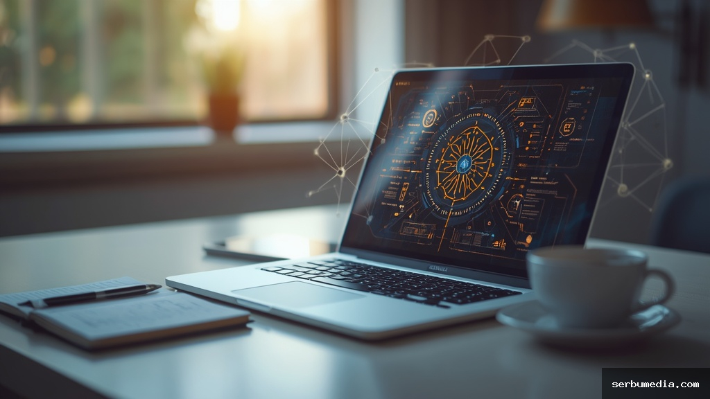 Mesa de trabalho moderna com laptop exibindo interface de inteligência artificial para criação de conteúdo de alta qualidade