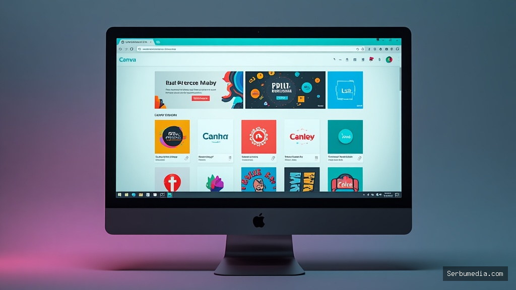 Tela de computador mostrando a interface do Canva com designs de logos, banners e artes para mídias sociais em alta definição.