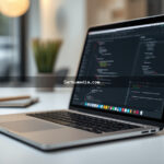 Notebook moderno sobre mesa branca exibindo a tela de construção de um site profissional