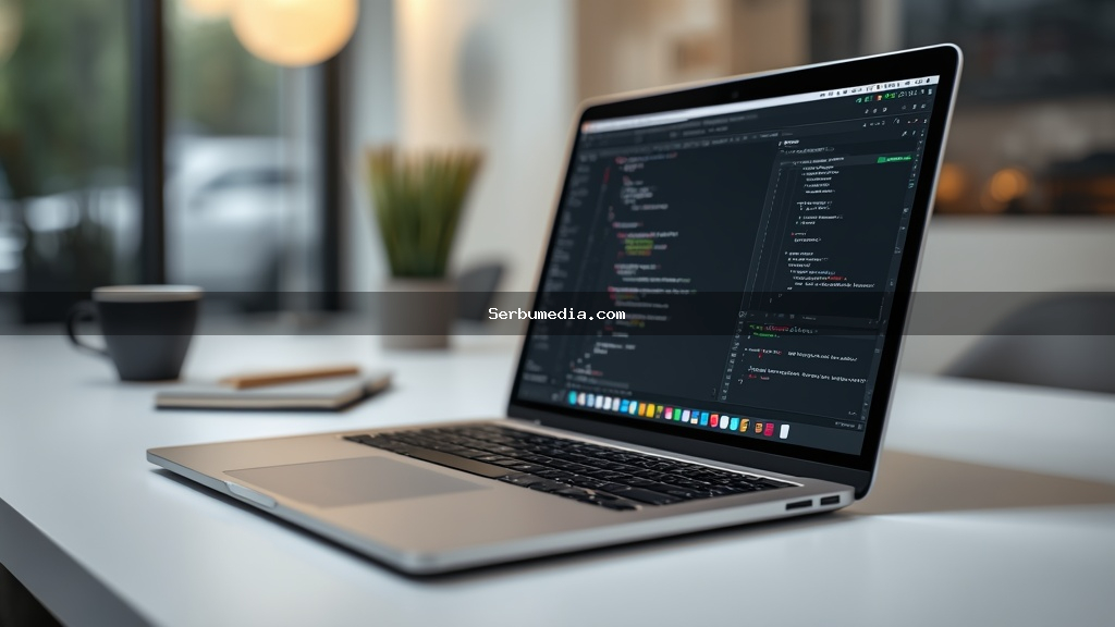 Notebook moderno sobre mesa branca exibindo a tela de construção de um site profissional
