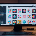 Imagem de uma tela de computador mostrando a interface do Canva com designs criativos de posts, iluminada em estúdio.