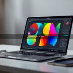 Notebook moderno exibindo interface de design gráfico colorida com ferramentas Canva e Designer.com sobre mesa branca de estúdio