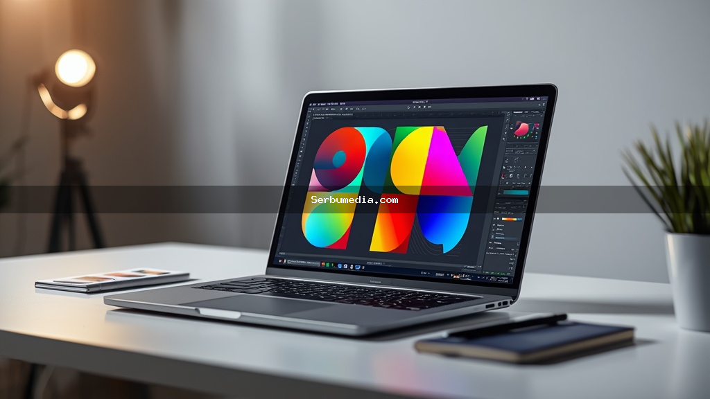 Notebook moderno exibindo interface de design gráfico colorida com ferramentas Canva e Designer.com sobre mesa branca de estúdio