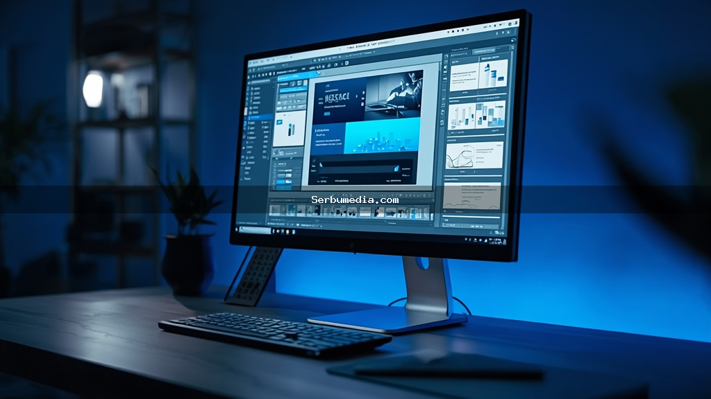 Monitor exibindo interface de construtor visual de sites com painéis de design e elementos arrastáveis em mesa de escritório moderna