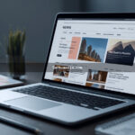 Notebook prata exibindo layout de site de notícias moderno com tipografia limpa sobre mesa de madeira escura com acessórios de design
