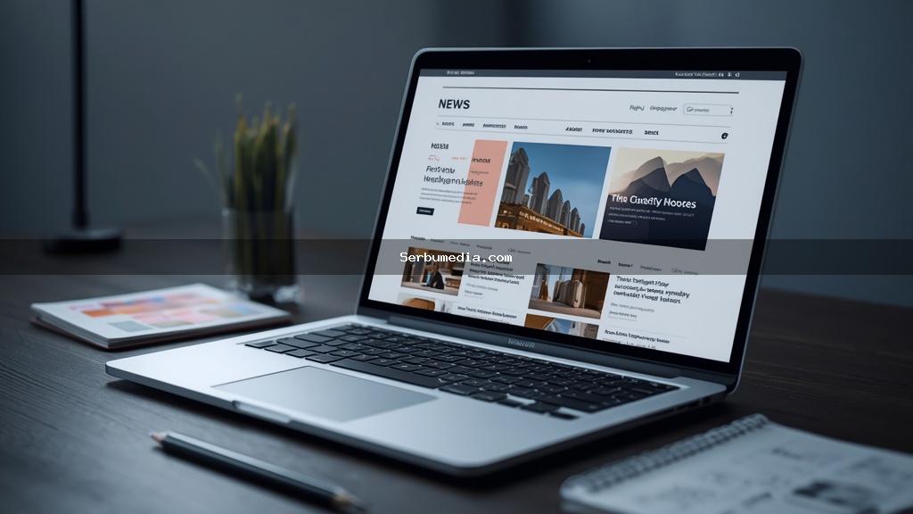 Notebook prata exibindo layout de site de notícias moderno com tipografia limpa sobre mesa de madeira escura com acessórios de design