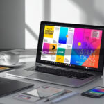 Notebook exibindo interface de design gráfico com templates coloridos sobre mesa de trabalho criativa com mesa digitalizadora e paleta de cores