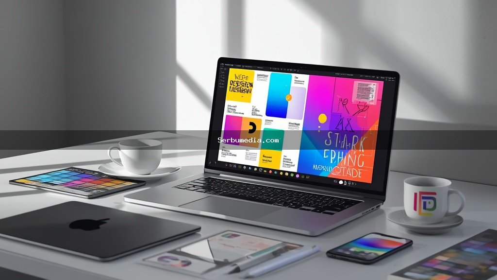 Notebook exibindo interface de design gráfico com templates coloridos sobre mesa de trabalho criativa com mesa digitalizadora e paleta de cores