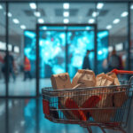 Fotografia realista mostrando a transição de uma loja física para uma tela digital com carrinho de compras e embalagens em primeiro plano