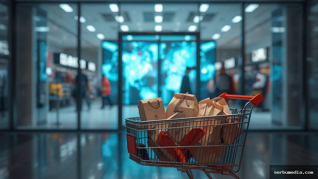 Fotografia realista mostrando a transição de uma loja física para uma tela digital com carrinho de compras e embalagens em primeiro plano