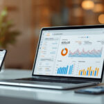 Notebook moderno exibindo painel de email marketing com gráficos de análise e métricas de conversão em mesa minimalista