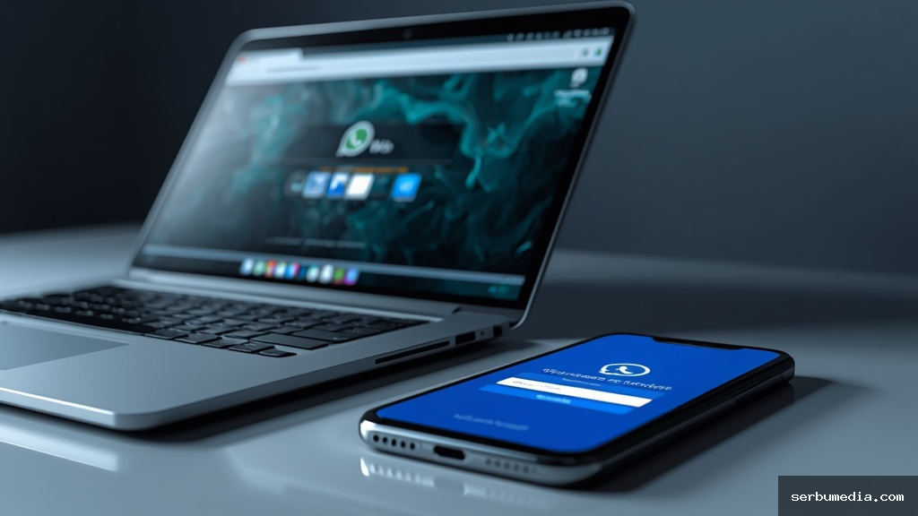 Tela de notebook exibindo erro no WhatsApp Web ao lado de smartphone mostrando página de login do Facebook