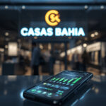 Fachada moderna de loja Casas Bahia com smartphone exibindo aplicativo de e-commerce e gráficos de lucro em alta