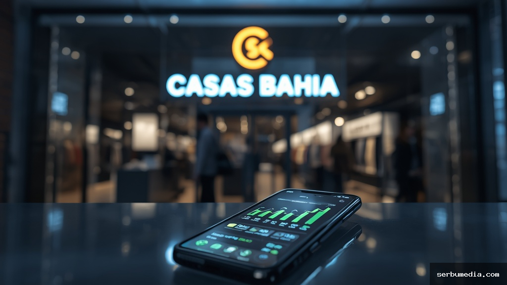 Fachada moderna de loja Casas Bahia com smartphone exibindo aplicativo de e-commerce e gráficos de lucro em alta