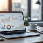 Mesa de escritório moderna com laptop exibindo gráficos crescentes de receita do Google AdSense e anotações de estratégias