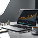 Notebook moderno exibindo dashboard de marketing digital com gráficos de conversão de leads sobre mesa de mármore branco