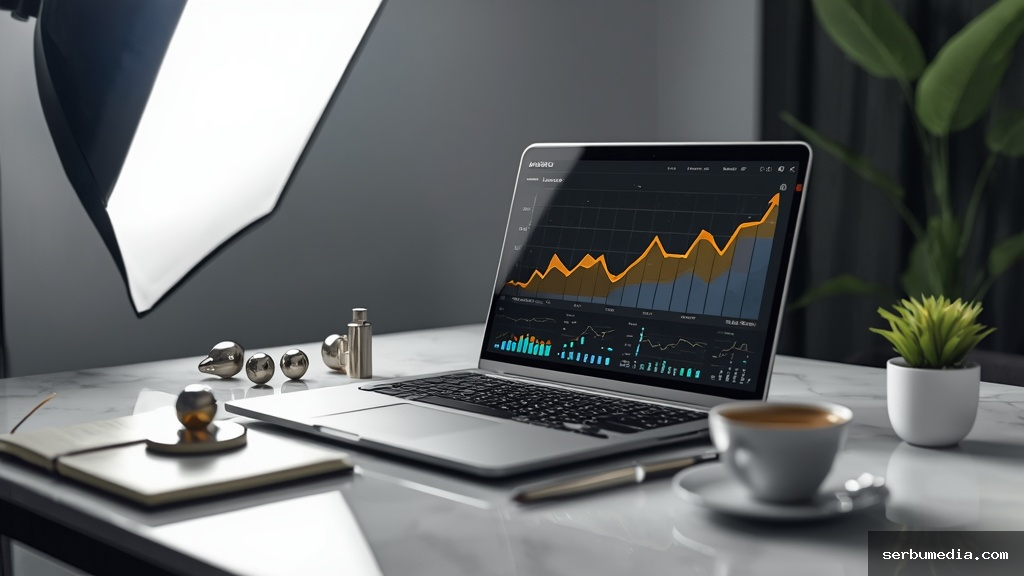 Notebook moderno exibindo dashboard de marketing digital com gráficos de conversão de leads sobre mesa de mármore branco
