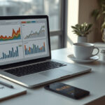 Laptop sobre mesa de trabalho exibindo gráficos de análise de marketing digital com aumento de tráfego e conversões, ao lado de caderno de estratégia e smartphone