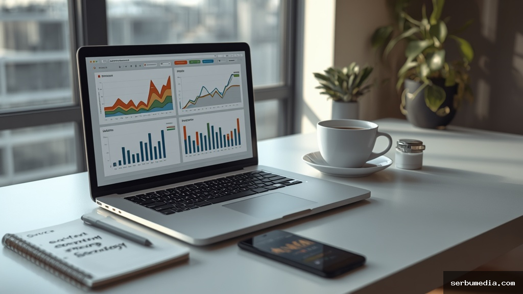 Laptop sobre mesa de trabalho exibindo gráficos de análise de marketing digital com aumento de tráfego e conversões, ao lado de caderno de estratégia e smartphone