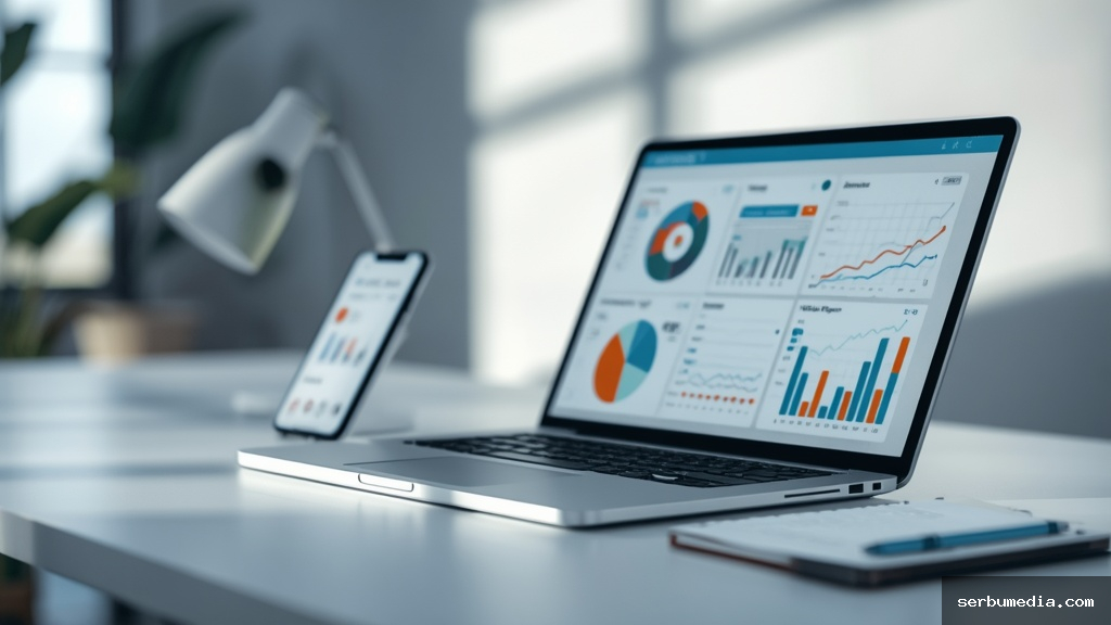 Notebook moderno exibindo gráficos de análise de marketing digital e métricas de conversão em ambiente de escritório profissional